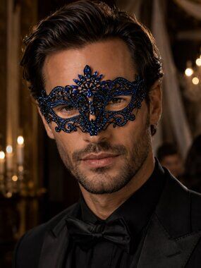 Blue Crystal Masquerade Mask, Black Venetian Mask, Formal Ball Masquerade Mask
